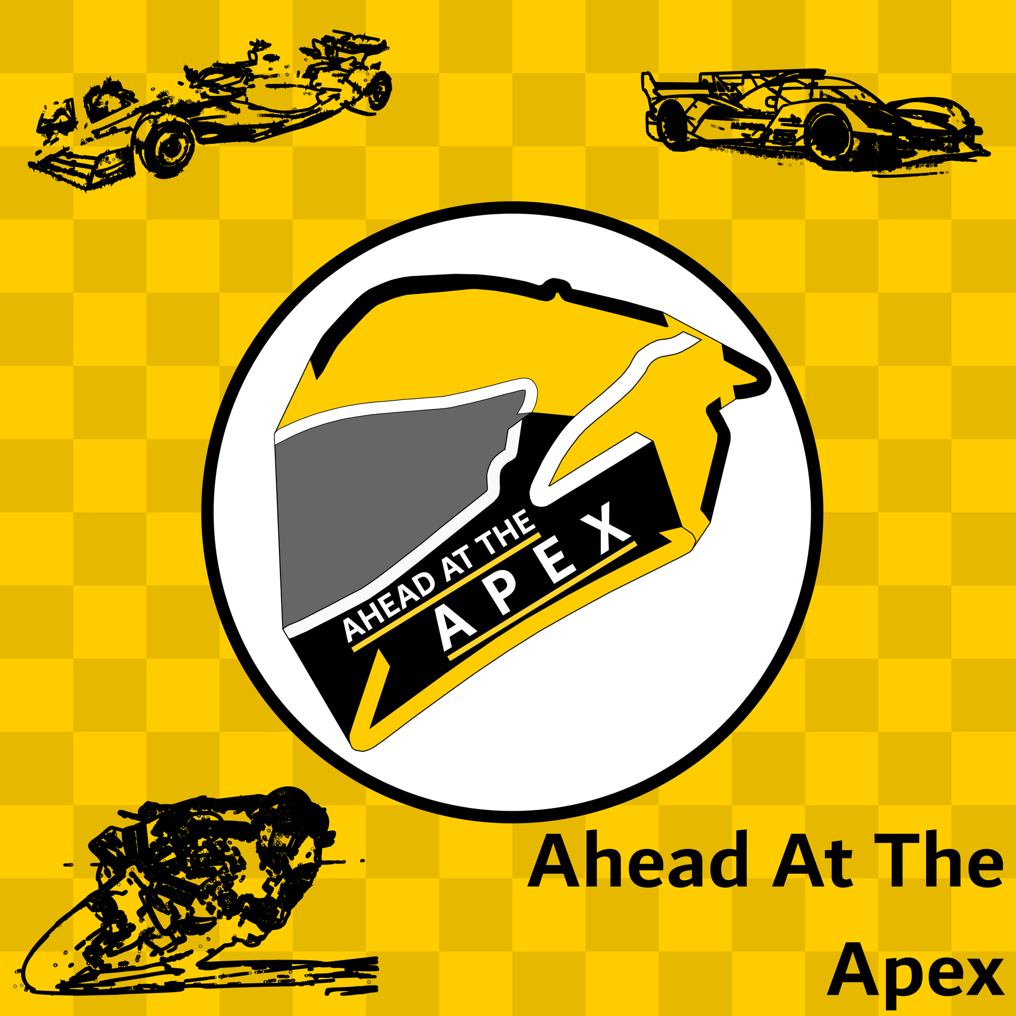 Ahead At The Apex podcast artwork, a yellow chequered flag featuring the podcast name, motorbike, world endurance car, and formula 1 car around the edge, with the branded helmet centrally.